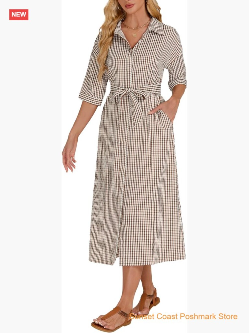Women's Gingham Maxi Dress Half Sleeve Button Down Belted Shirt Dress